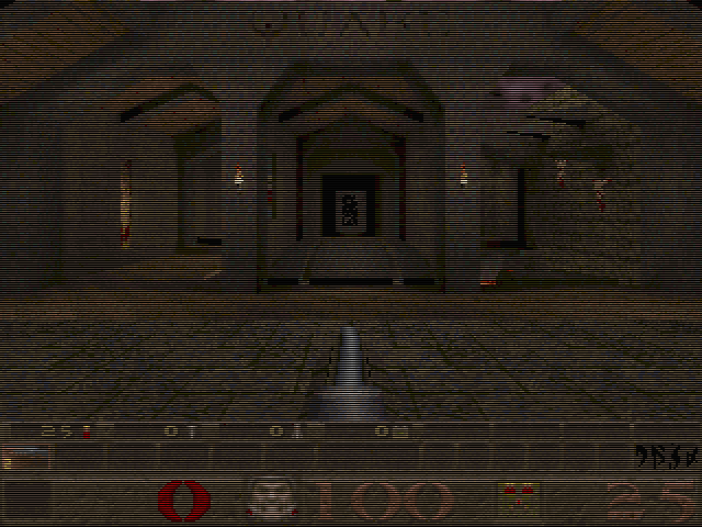 Quake at 320x240, with pixel doubling, line skipping, and brightness adjustment